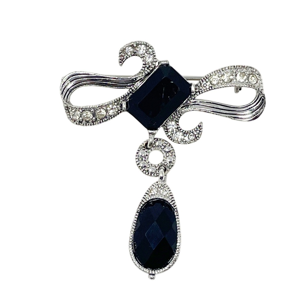 Art Deco Style Brooch Pin Black Faceted Stones Silver Bow Dangle Rhinestone